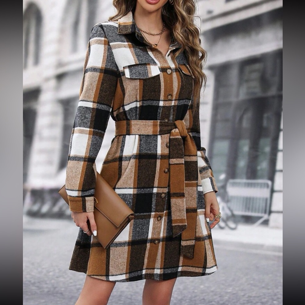 Classic Elegant Plaid Check Print Shirt Belted Dress - Picture 6 of 6
